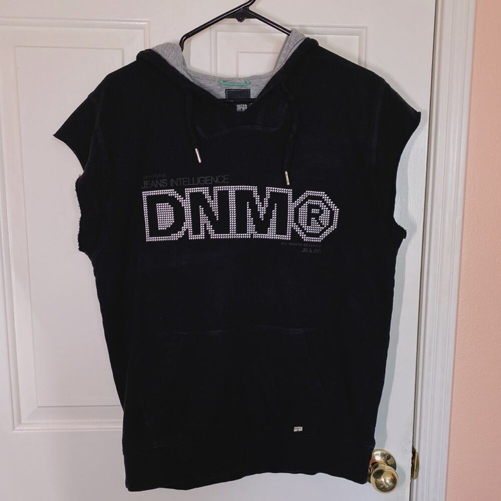 Jack and Jones Black Hooded Pullover Sleeveless Vest with Front Pockets | M